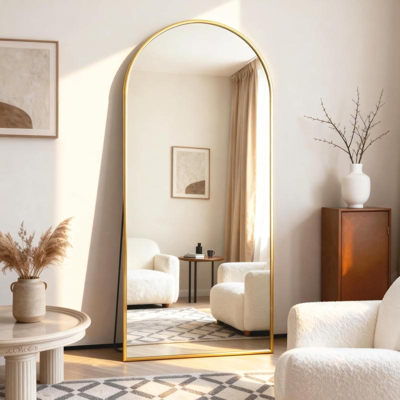 Extra Large Arched Floor Mirror | 68x26 Inch Full Body Mirror with Stand, Wall Mountable for Luxury Bedroom & Living Room