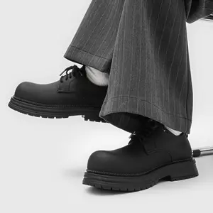 Chunky Derby Shoes Men's All-Black｜Matte Leather Cleanfit Daily Commute Outfits