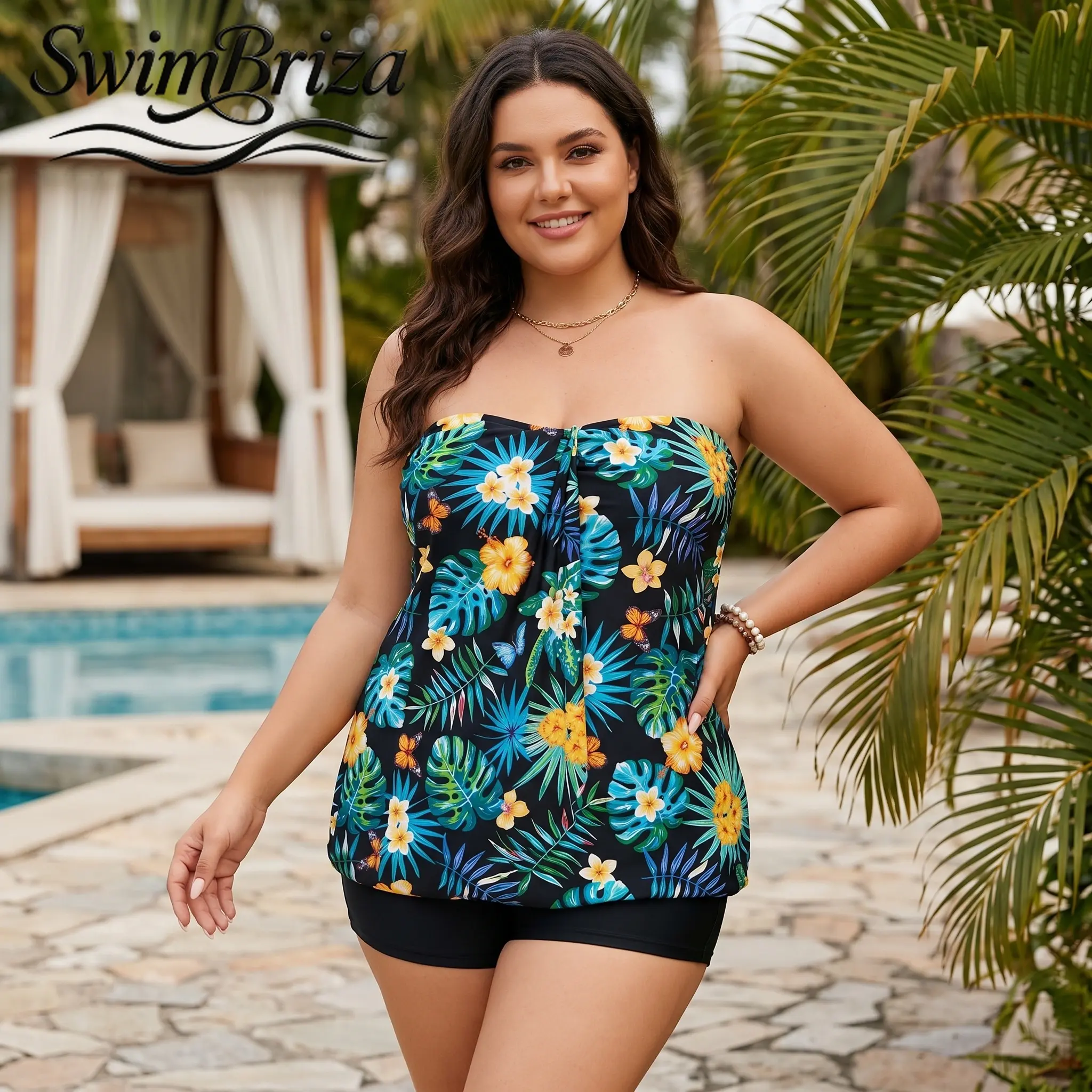 Briza｜Women's Strapless Tankini Swimsuits Set Black Tropical Floral Print Two Piece Bathing Suit with Shorts Tummy Control Swimwear for Vacation Pool Beach Summer Resort Plus Size, Women's Swimwear, Bathing Suit for Women, Tankini Swimsuit Set