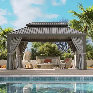 Aoxun 12' X 16' Hardtop Gazebo, Aluminum Frame with Galvanized Steel Double Roof & Drainage System, Permanent Metal Pavilion with Textilene Netting, for Garden, Deck & Pool, Grey