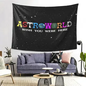 Tapestry Wall Hanging - Black Space Theme with Colorful "ASTROWORLD WISH YOU WERE HERE" Text, Horizontal Peach Light Beige Fabric Decor for Living Room, Bedroom, Office & Party Backdrop, Living Room Decor | Modern Wall Art | Starry Night Design
