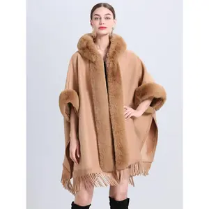 Women's Solid Color Tassel Trim Hooded Cape Shawl, Casual Warm Fuzzy Long Shawl for Fall & Winter, Fashion Winter Wear Accessories for Women & Girls