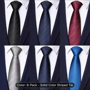 6-Pack Men's Solid Color Necktie Set Heavy-Duty 1200-Needle Polyester Tie Collection Classic Black Gray Navy Dark Red for Business Weddings Interviews Versatile Dress Gift for Professional Formal Events