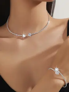 Women's Sparkling Necklace Bracelet Set, Synthetic Zircon Elegance, Perfect for Parties and Daily Wear, Luxurious Crystal Heart Collar
