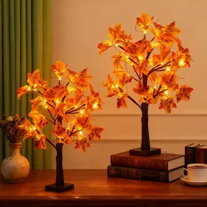 2-Piece Set, 23-inch Thanksgiving Autumn Maple Tree Decor with 24 LEDs, Battery-Powered, Artificial Tree, Suitable for Indoor Home Rooms, Thanksgiving Holiday, Christmas Party Home Decor, Autumn Atmosphere Decor