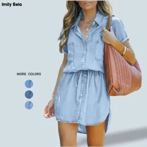 Imily Bela Women Denim Dress Summer Jean Shirt Dress Short Sleeve Button Down Tie Waist Casual Short Dress