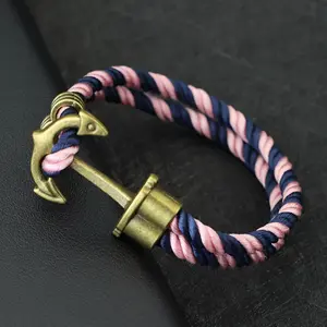1pc Men's Anchor Bracelet - Nautical Pirate Jewelry with Navy Blue & Pink Rope, Golden-like Anchor Hook Closure - Adjustable cuff for Maritime, Gothic, or Everyday Bold Jewelry - Durable Rope Chain for Men, Nautical Jewelry, Maritime Fashio