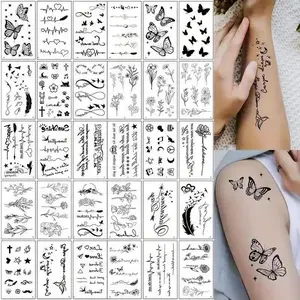 BAGHPBM 180pcs Waterproof black temporary tattoos for women. They are long-lasting and realistic, with patterns of butterflies, flowers, and English letters, giving a sense of high quality. These semi-permanent stickers are suitable for the arms.