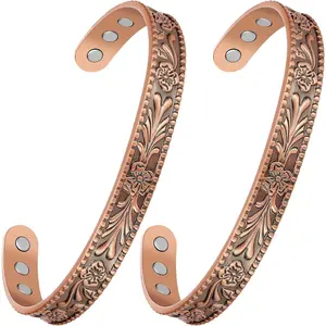 2Pcs Magnetic Copper Bracelets for Women Pain Relief, Vintage Flower 99.99% Pure Copper Bracelets with 3500 Gauss Magnets, Adjustable Cuff Jewelry with Gift Box Bangle Floral