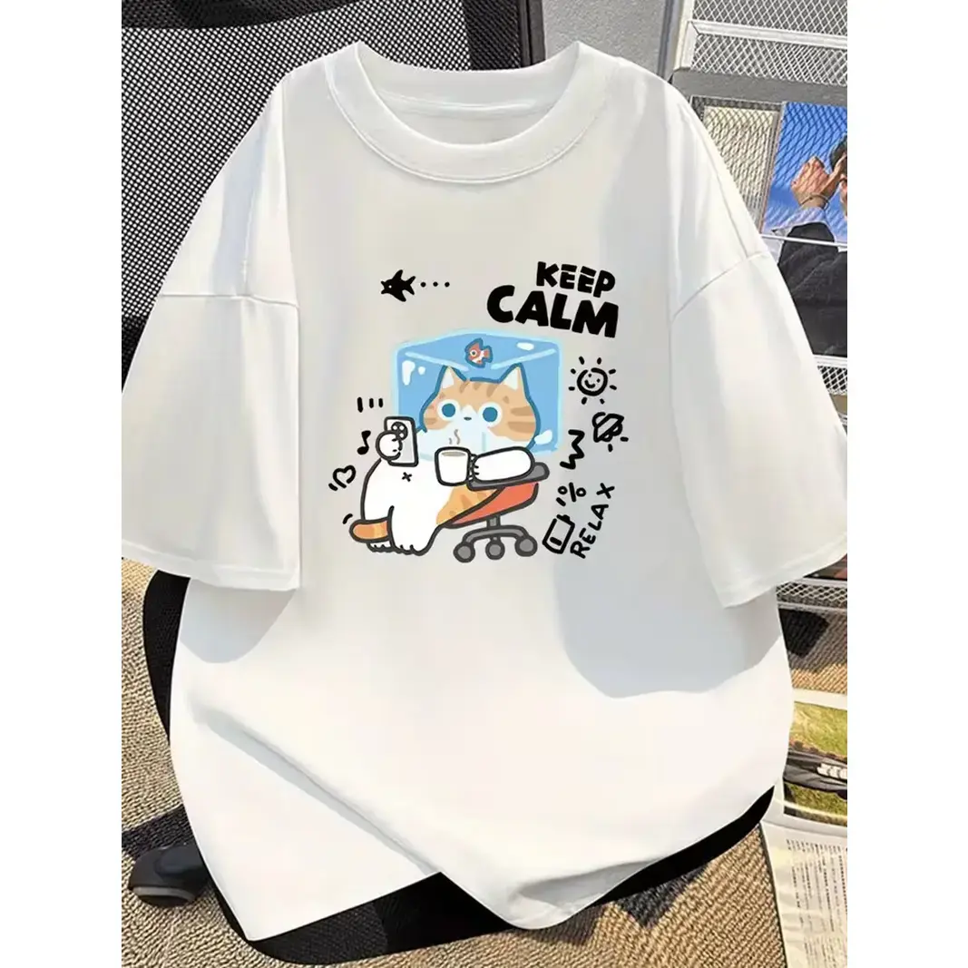 Casual T-Shirt with Cute Calm Cat & Keep Calm Graphic Print - Soft Loose Fit Round Neck Short Sleeve Tee