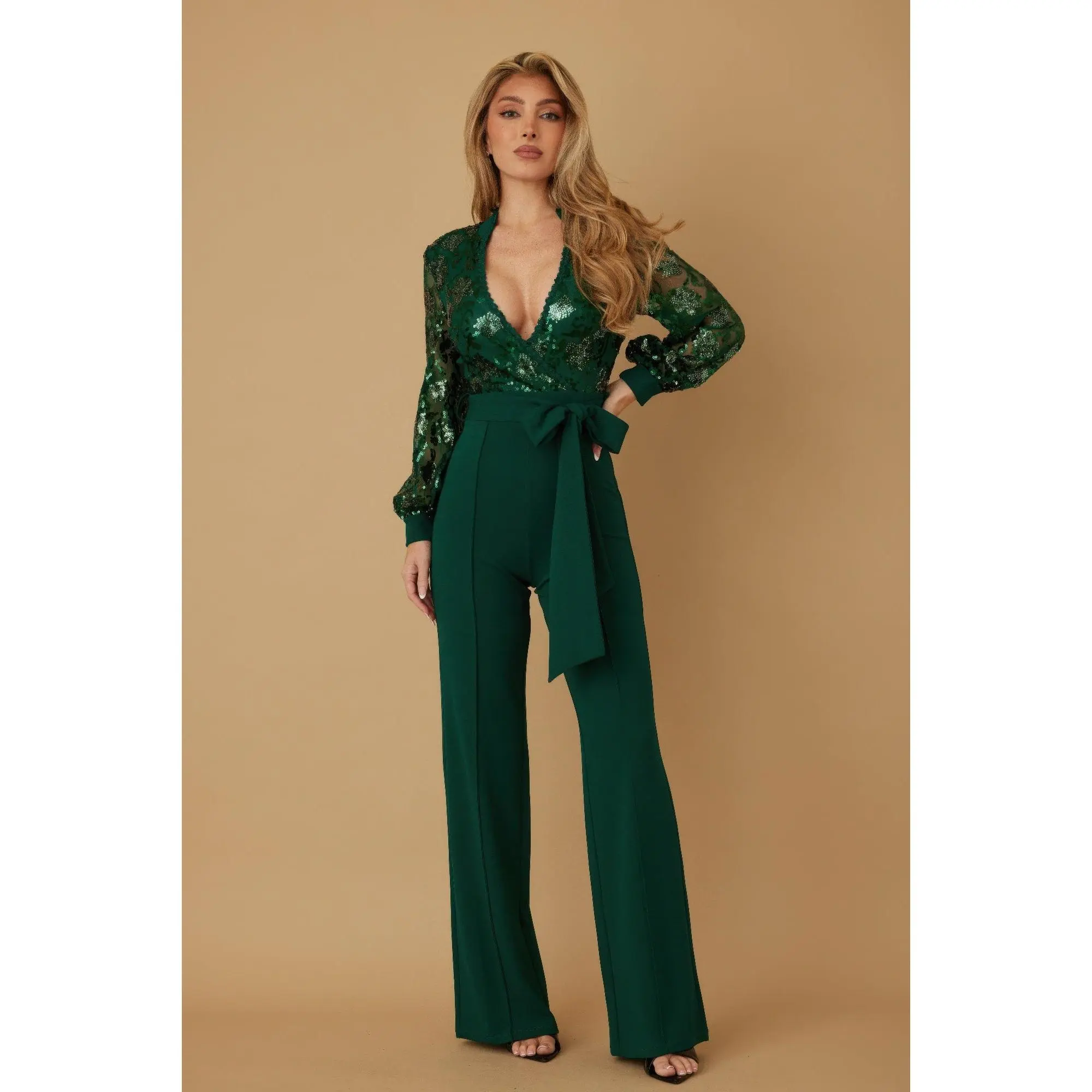 Flower Vein Sequin Print Jumpsuit
