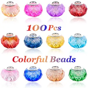 Colorful BlingBling 100Pcs 15x11mm Painting Murano Large Hole Glass Beads Mix Color with Silver Brass Cores European Charm fit Bracelet Necklace Keychain Phonechain DIY Jewelry Sparkling Decorative Accessories