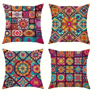 4pcs set of vibrant mandala and checkered cushion covers - Bohemian style modern and fashionable decorative pillowcases,