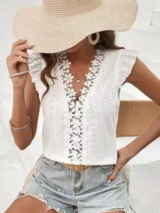 Elegant Women's V-Neck Fitted Summer Top, Pure Color Solid Hollow Out Patchwork Lace Casual Blouse, Stylish Sleeveless Pullover Shirt Womenswear Elegance Lady
