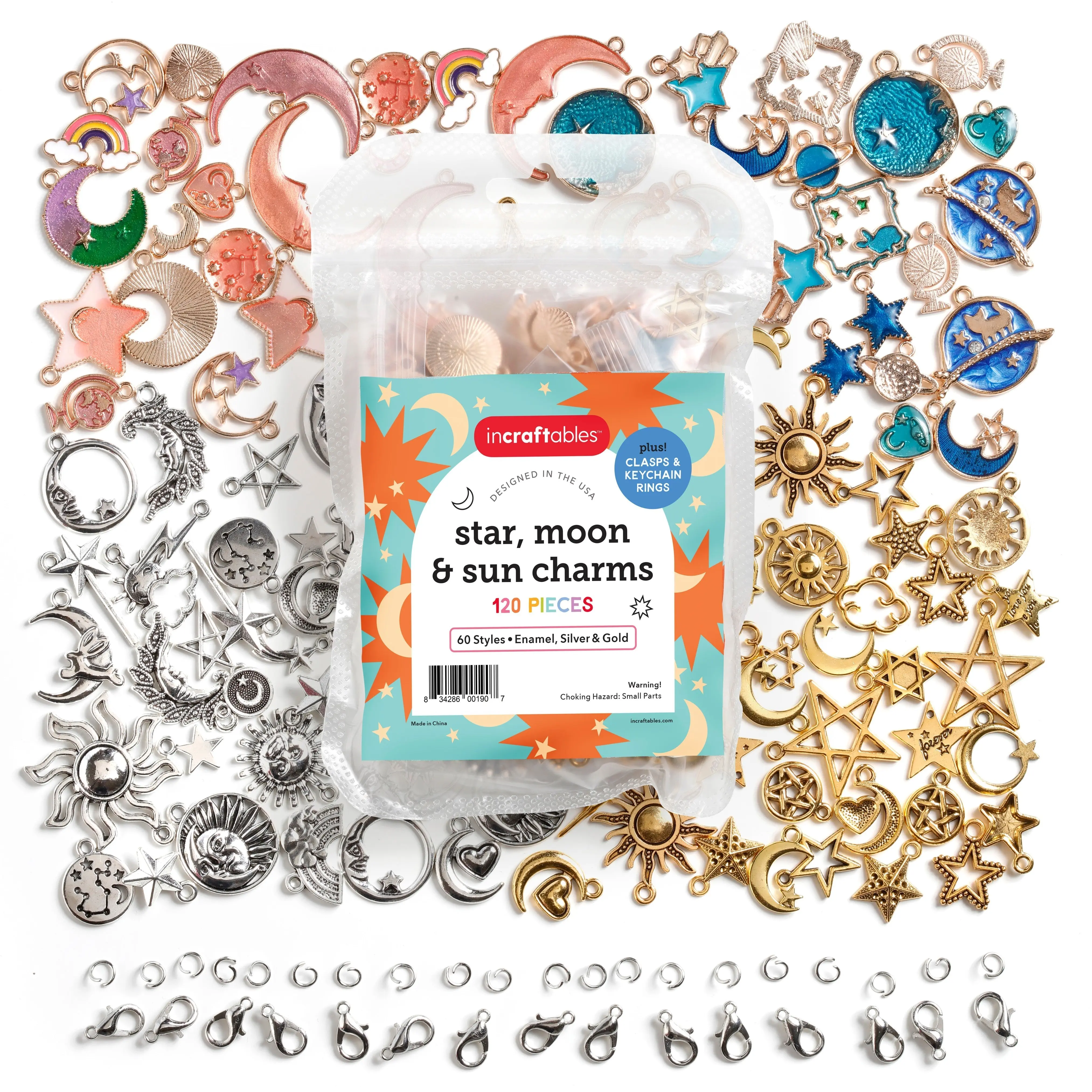 Incraftables Sun, Moon & Star Charms Pendants for DIY Bracelets, Jewelry, Keychain & Necklace Making. Bulk Mixed Assorted Enamel, Gold & Silver Charm set for Kids & Adults 120pcs (60 styles)