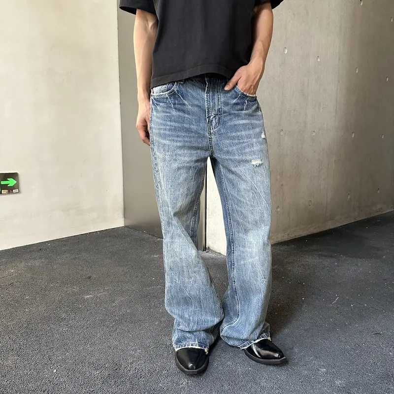 Men's 100% Cotton Slub Denim Fabric Ripped Y2K-Style Washed Distressed Loose-Fit Bootcut Wide-Leg Flared Jeans, Streetwear Clothing Menswear Bottoms Pants