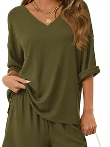 Women's 2-Piece Sets Ribbed Rayon Summer Oversized Vneck Half Sleeve Tops Shorts Lounge Set Casual Travel Airport Outfits