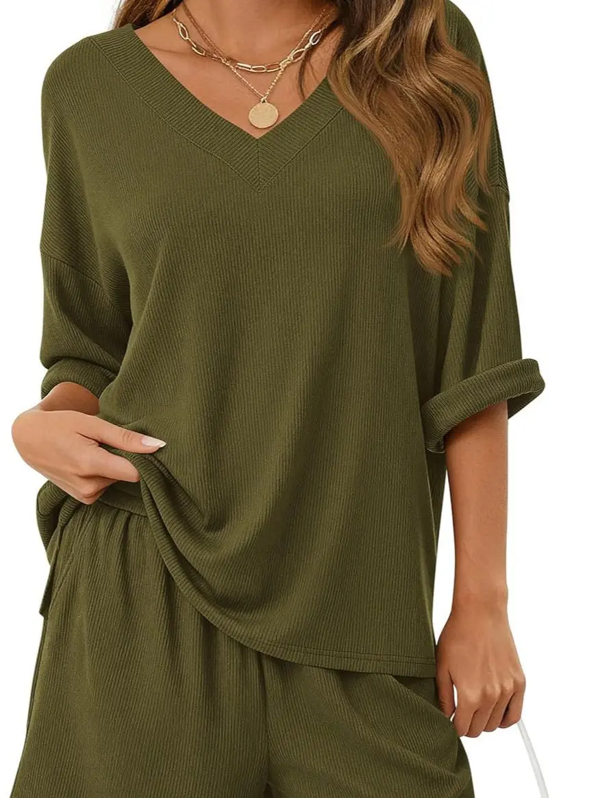 Women's 2-Piece Sets Ribbed Rayon Summer Oversized Vneck Half Sleeve Tops Shorts Lounge Set Casual Travel Airport Outfits