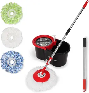 360° Spin Mop and Bucket Set with Wringer - 3 High-Absorbent Washable Microfiber Heads - Electric Upright Mop for All Types of Floor Cleaning (Black)