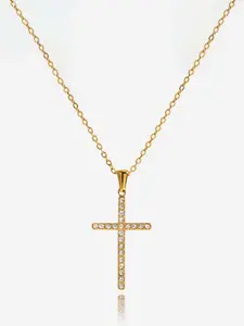 Classic Style 18k Stainless Steel Necklace with Zircon Cross Pendant, Casual Chain Jewelry for All Seasons