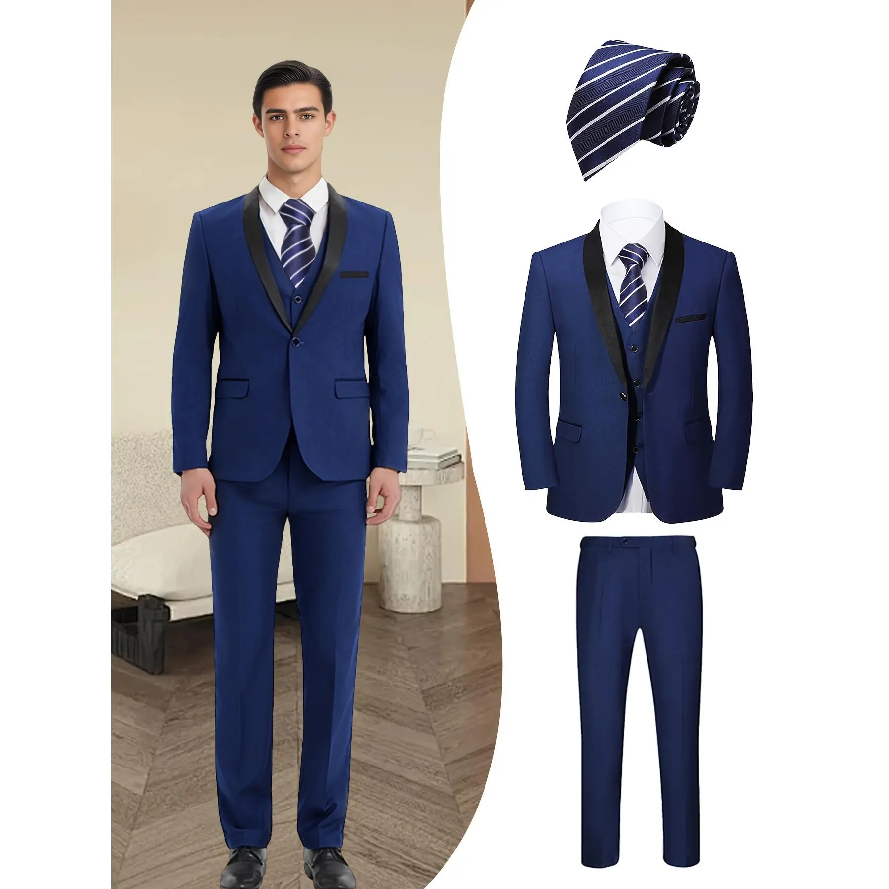 Men's 4-Piece Plain Minimalist Formal Tailcoat Suit Set - Long Sleeve Jacket, Buttoned Vest, Pants, Blue Tie | Groom Formal Menswear for Special Events, Workwear, Polyester