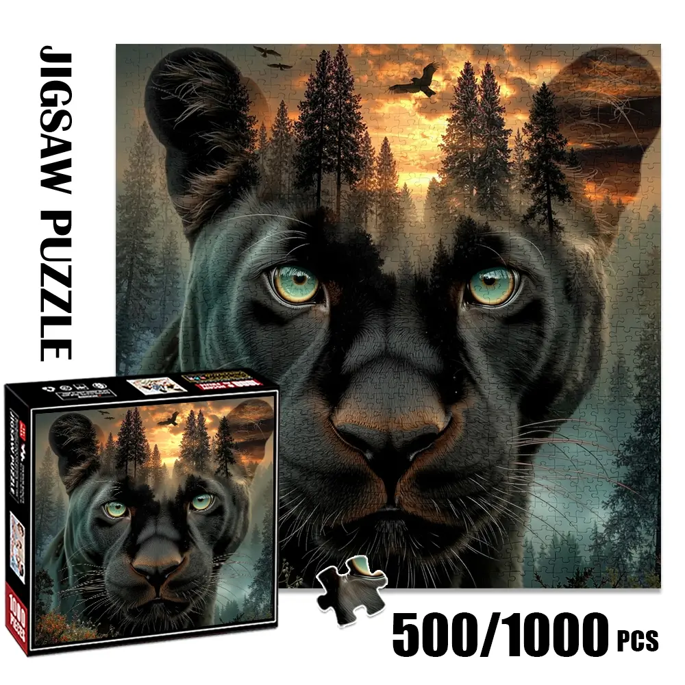 1pc 1000 piece adult puzzle 58x58cm Black Panther with Forest and Sunrise Background 500 pieces paper jigsaw puzzle suitable for DIY creative games for adults and families, birthday and holiday stres