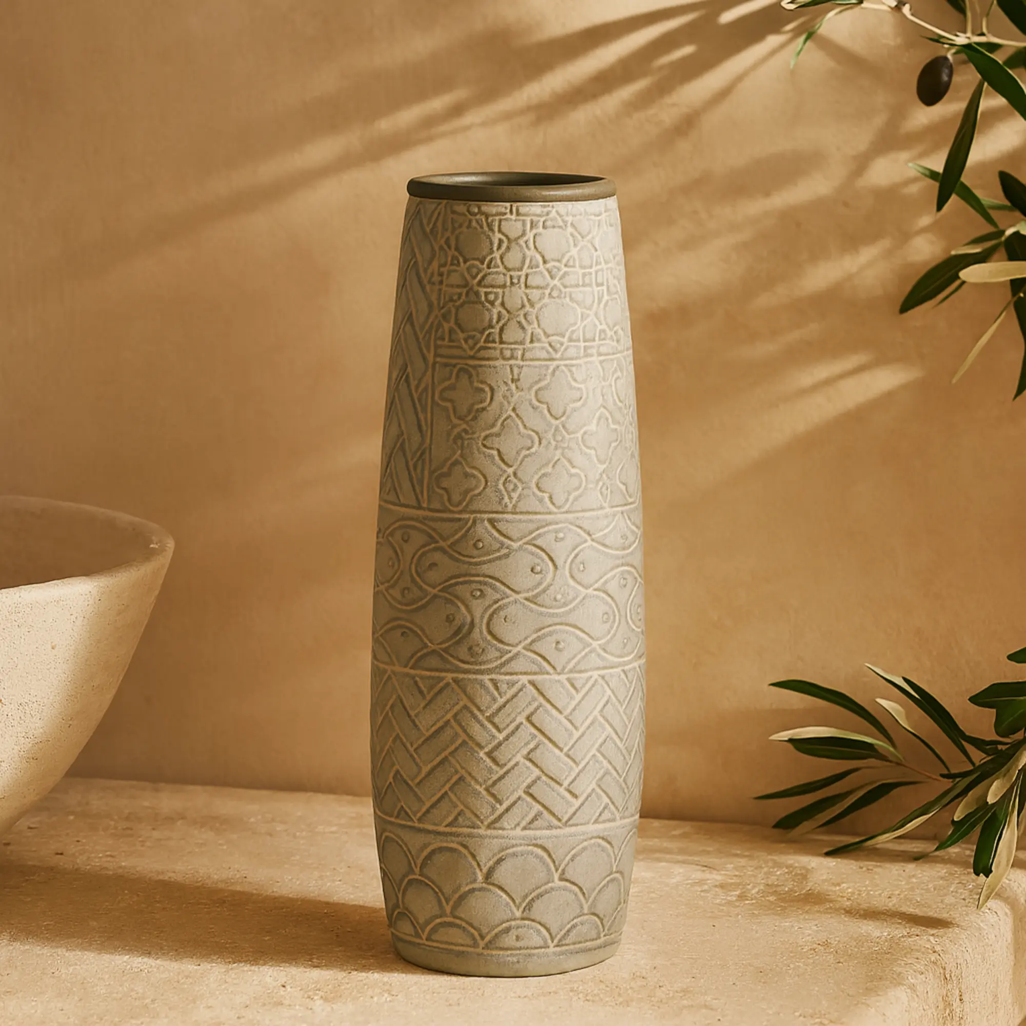 Gray Ceramic Slim Engraved Geometric Round Vase - Decorative 1-Piece Room Decor Centerpiece with Felt Base, Wipe-Clean Surface for Table & Room Fillers, Eclectic Floral Display Accent