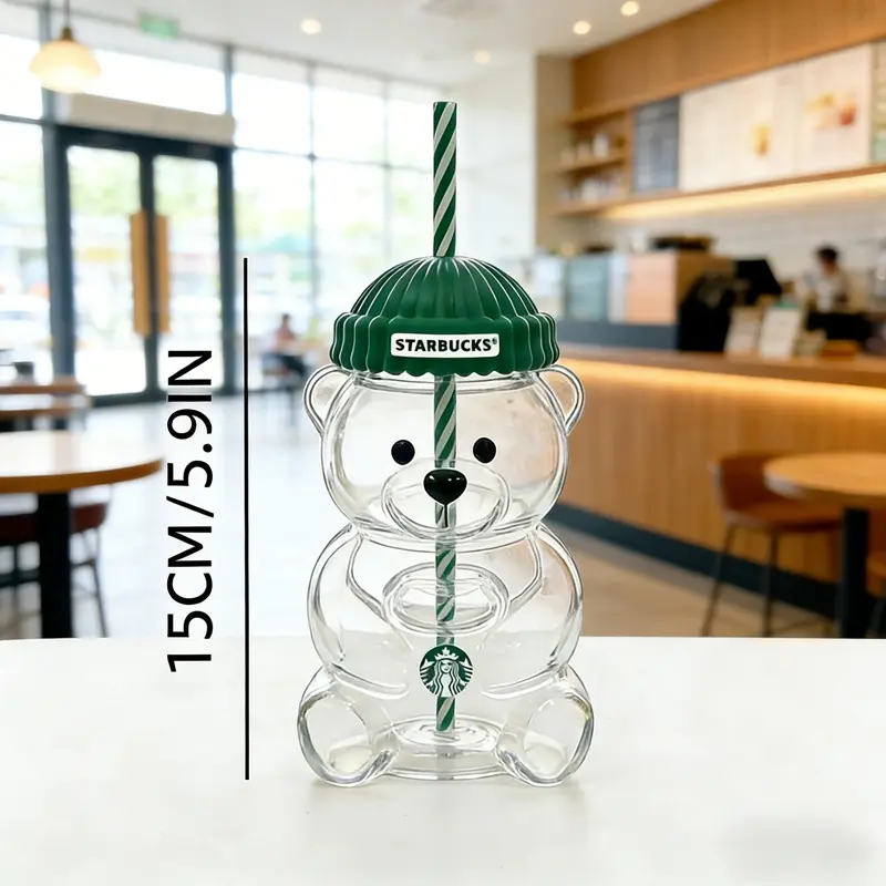 Starbucks Bear Glass Cup with Lid & Straw 20oz Style Heat