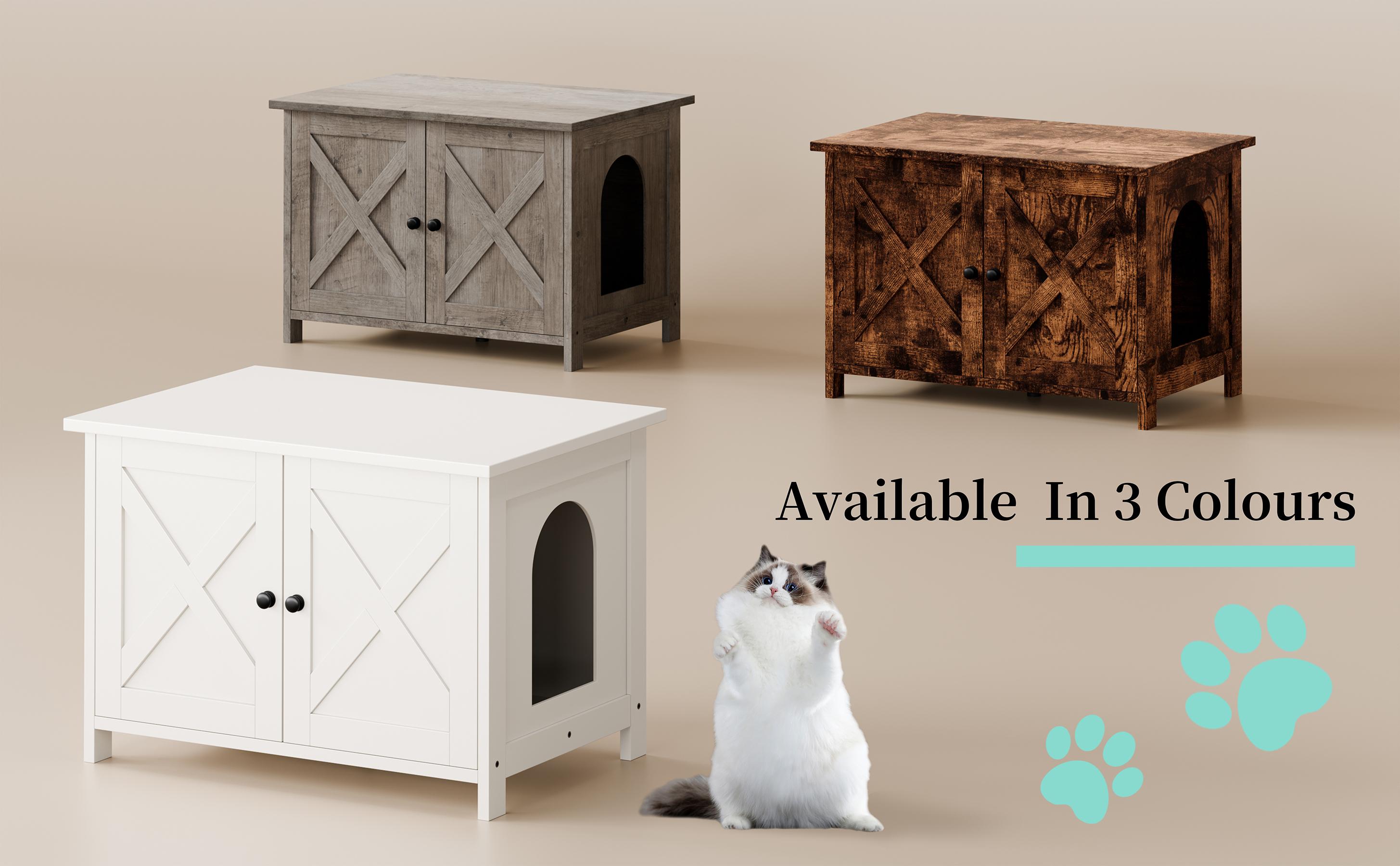 Walsunny Cat Litter Box Furniture with Removable Divider, Hidden Enclosure and End Table - White, Brown, Gray Wood