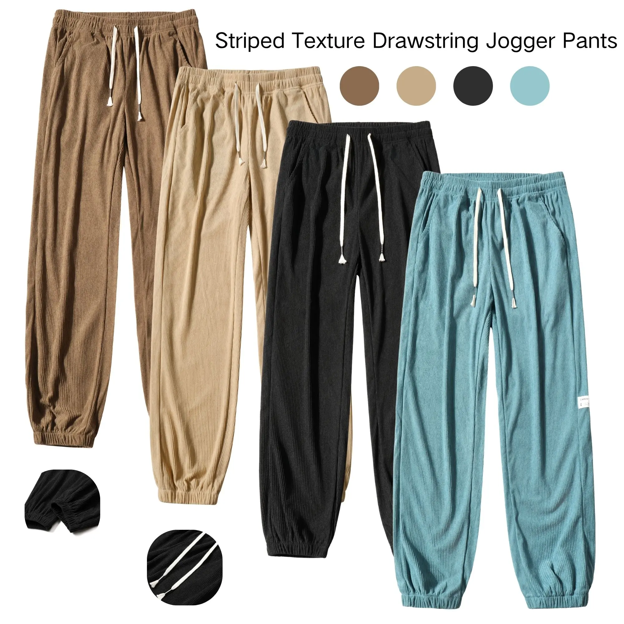 Men’s loose-fit drawstring jogger pants with vertical ribbed texture and a fluid drape, casual athletic style, with label