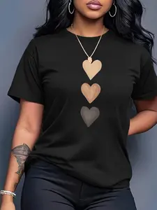 Women's Summer Casual Print Round Neck Short Sleeve Top, Multicolor Heart Pattern Fitted Sporty Streetwear Black T-Shirt for All Seasons Womenswear