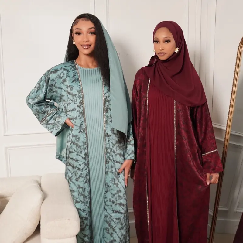 Safia Abaya Set With Hijab Underdress and Belt - Elegant Floral Design Abaya in Teal and Maroon Colors