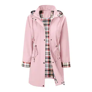 BIGWIG Women's Long Waterproof Outdoor Hiking Jacket, Hooded Waterproof Coat, Lightweight Outdoor Raincoat, Windproof Jacket, Checked Lining Jacket, Thin Sports Jacket, suitable for spring and autumn