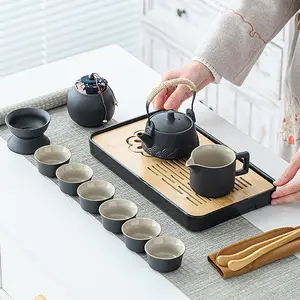Japanese Tea Set, Chinese Tea Set, Tea Sets for Adults, Gongfu Tea Set, Portable Tea Set, 14-Piece Porcelain Tea Set Withgrey Leather Case, Asian Tea Set for Home, Outdoor, Business