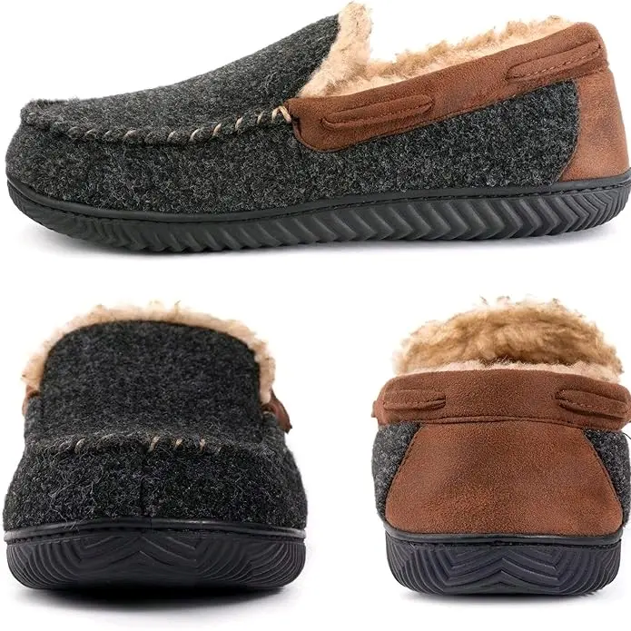 Men's Moccasin Slippers, Wool Felt House Shoes with Warm Faux Shearling Lining, Memory Foam Cushion and Non-Skid Rubber Sole