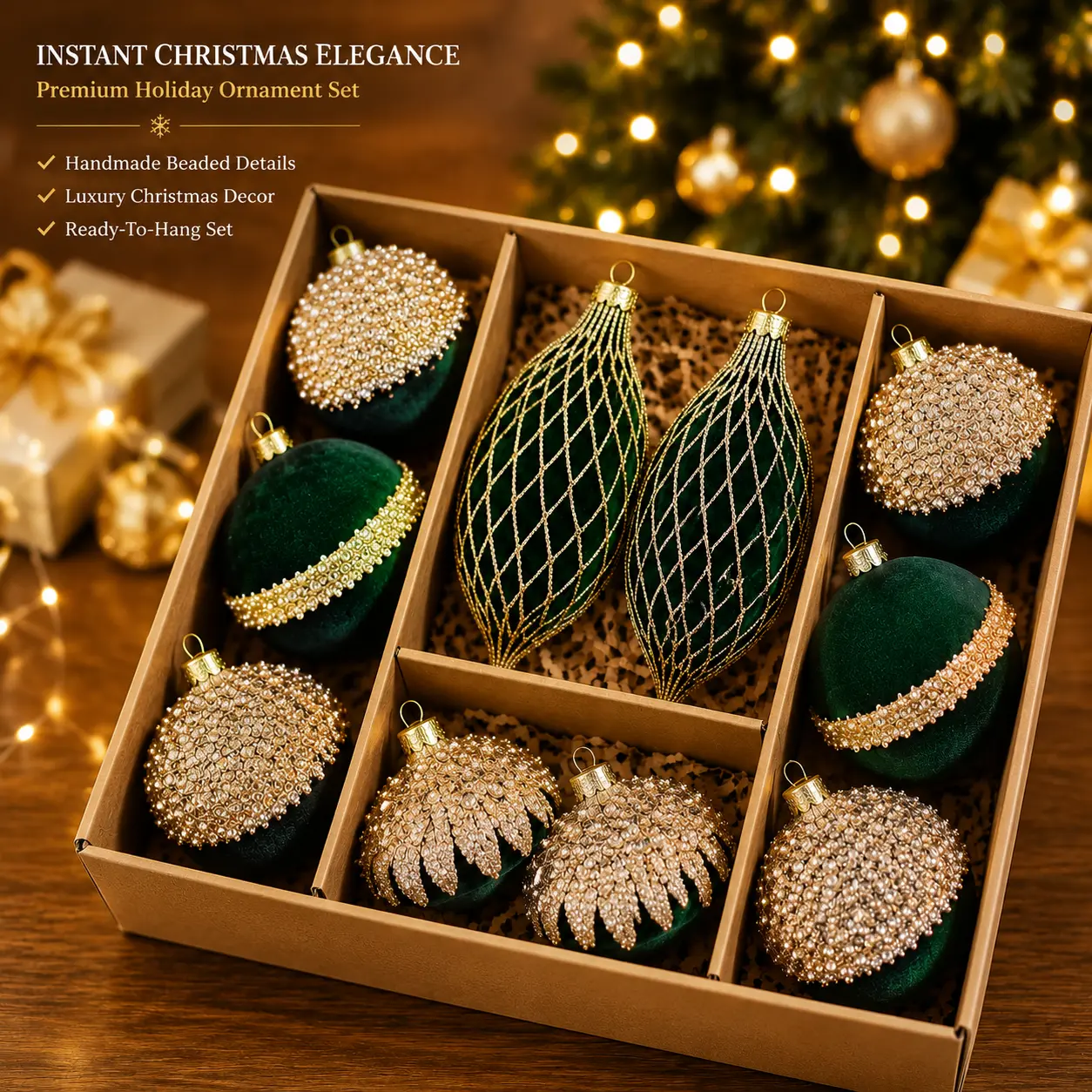 Luxury Christmas Ornament Set - Handmade Beaded Velvet Tree Decorations, Metal & Plastic Accents, Ideal for Wedding & Holiday Home Festive Decor