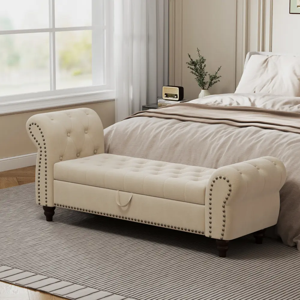 Velvet Upholstered Bedroom Bed Bench - Modern Single-Seat Lounge Chair with Antique Nails, Tufted Surface, Large Storage, Comfortable Touch, Easy Assembly
