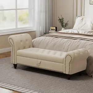 Velvet Bedroom Bed Bench, Single Seat Lounge Chair with Antique Nails Tufting, Modern Design, Large Storage Function, Comfortable Touch, Easy Assembly