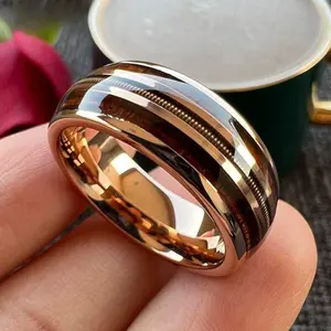 8mm Rose Gold Titanium Steel Plain Ring for Men and Women, Wood Inlay, Fashion Wedding Jewelry, Couple Gift