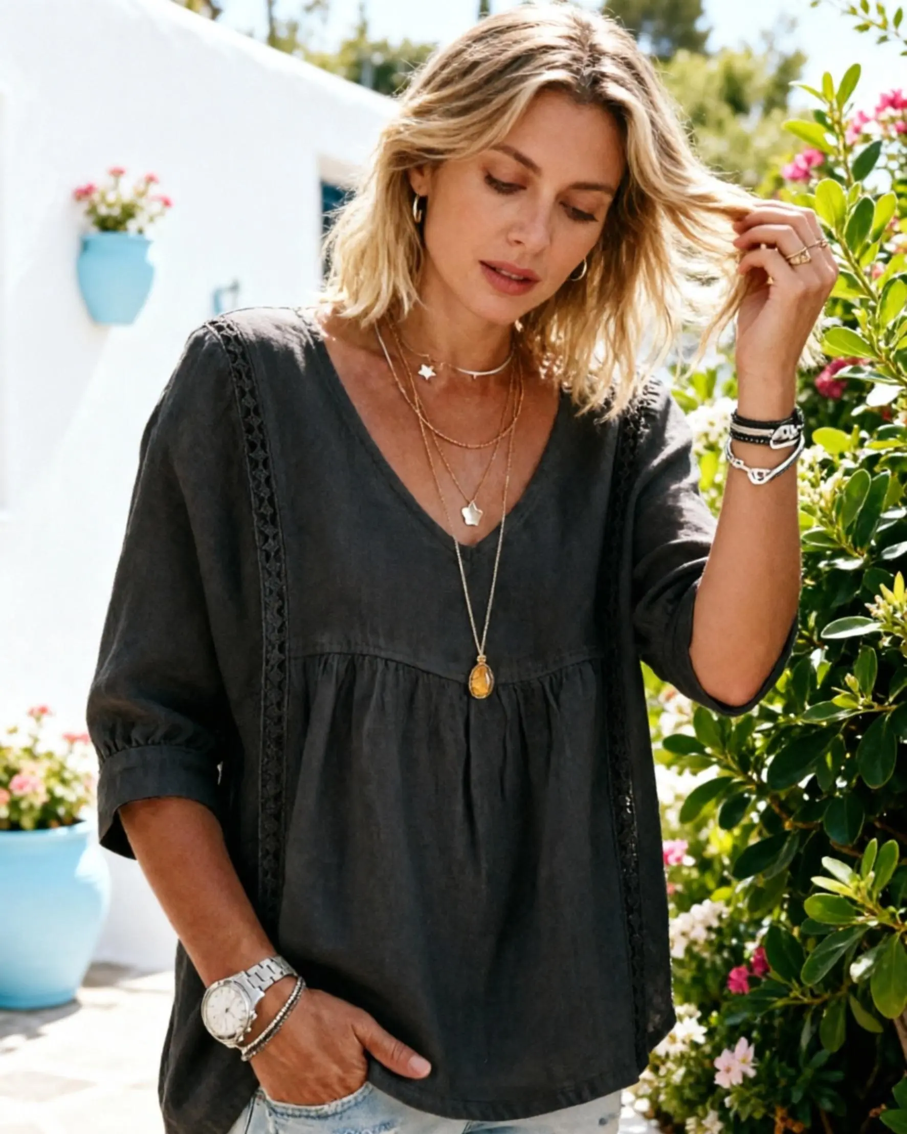 Women's Elegant Lacy V-Neck Blouse - 3/4-Length Puff Sleeves, Side Lace Cut-Outs, Midsection-Concealing Fit, Chic Loose Design, Ideal for Bohemian Office & Casual Wear Lace Top Shirts