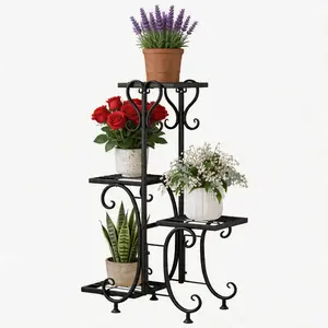 4 Tier Metal Plant Stand Indoor Outdoor, Tall Corner Shelf Flower Pot Holder Rack for Living Room Patio Garden, Black