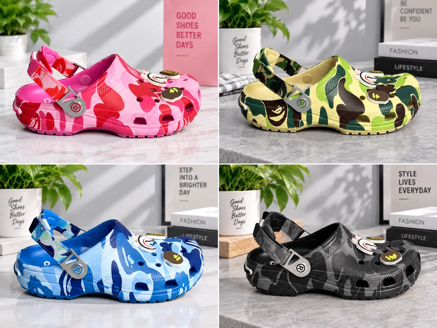 These camouflage-print clogs are designed for busy days—simply slip them on and head out—as well as for spontaneous trips and a laid-back street style.