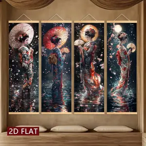 4 Counts Wooden Hanging Banner, Moonlight Cherry Blossom Geisha Poster, Beautiful Kimono Characters, Exquisite Decor, Fashion Living Room Decor, Modern Art, Office, Room, Bedroom, Home Poster, High-definition Wall Art Decoration, Waterproof, Canvas Art