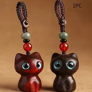 1PC Handmade Sandalwood Cat Keychain | Cute Black & White Cat with Expressive Eyes, Natural Wood Grain Beaded Charm, Durable Car Key Ring | Perfect Aesthetic Gift for Cat Lovers & Couples, Valentine's Day & Christmas Present