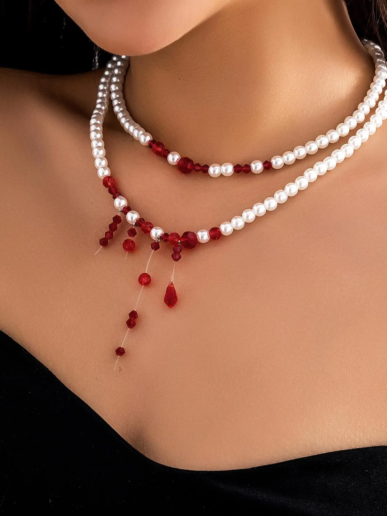 Women's Vintage Punk Gothic Crystal Blood Drop Pendant Necklace Set, Faux Pearl Layered Jewelry for Party & Holiday Gift