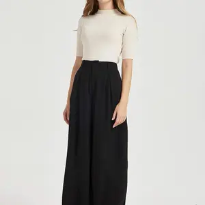 Tronjori Black High Waist Wide Leg Palazzo Pants L 100% Polyester Minimalist Womenswear Wideleg