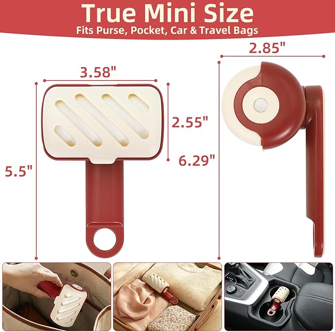 Mini Reusable Lint Roller 2 Pack, Washable Gel Sticky Lint Roller for Pet Hair, Travel Size Portable Lint Roller with 360° Rotating Handle & Large Hanging Hole, Beige