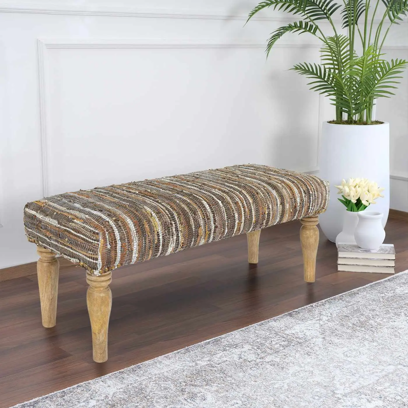 Bustos Striped Leather Bench with Wooden Base, Indoor Furniture Living Room Footstool