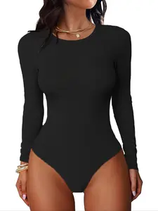 Women's Long Sleeve Ribbed Knit Bodysuit, Lady Round Neck Elastic Tight-Fitting Underwear, Autumn Winter Basic Casual Wear, Womenswear