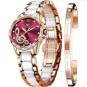 OLEVS Watch OLEVS Women Automatic Mechanical Watches Self Winding Rose Gold Two Tone Ceramic Strap Diamond Love Heart Dial Fashion Elegant Dress Ladies Wrist Watches Waterproof Luminous